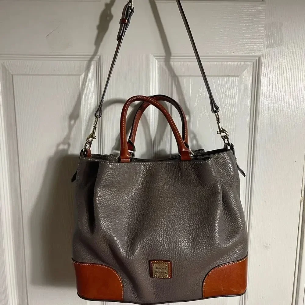 Dooney & Bourke Brenna Gray pebble Leather satchel tanTrim & Strap bonus pouch.